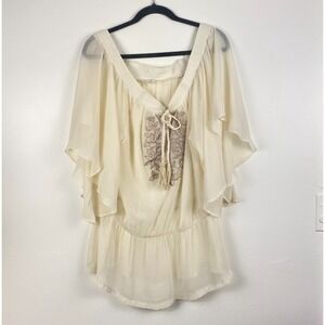 Double Zero Flared Sleeve‎ Blouse Size M Embroidered Tassel Scoop Neck Sheer top
